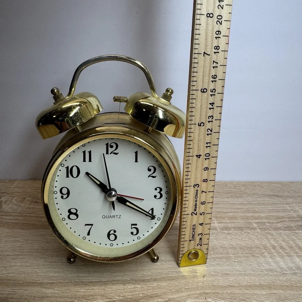Gold Tone Twin Bell Quartz Alarm Clock Retro Analog Battery Operated